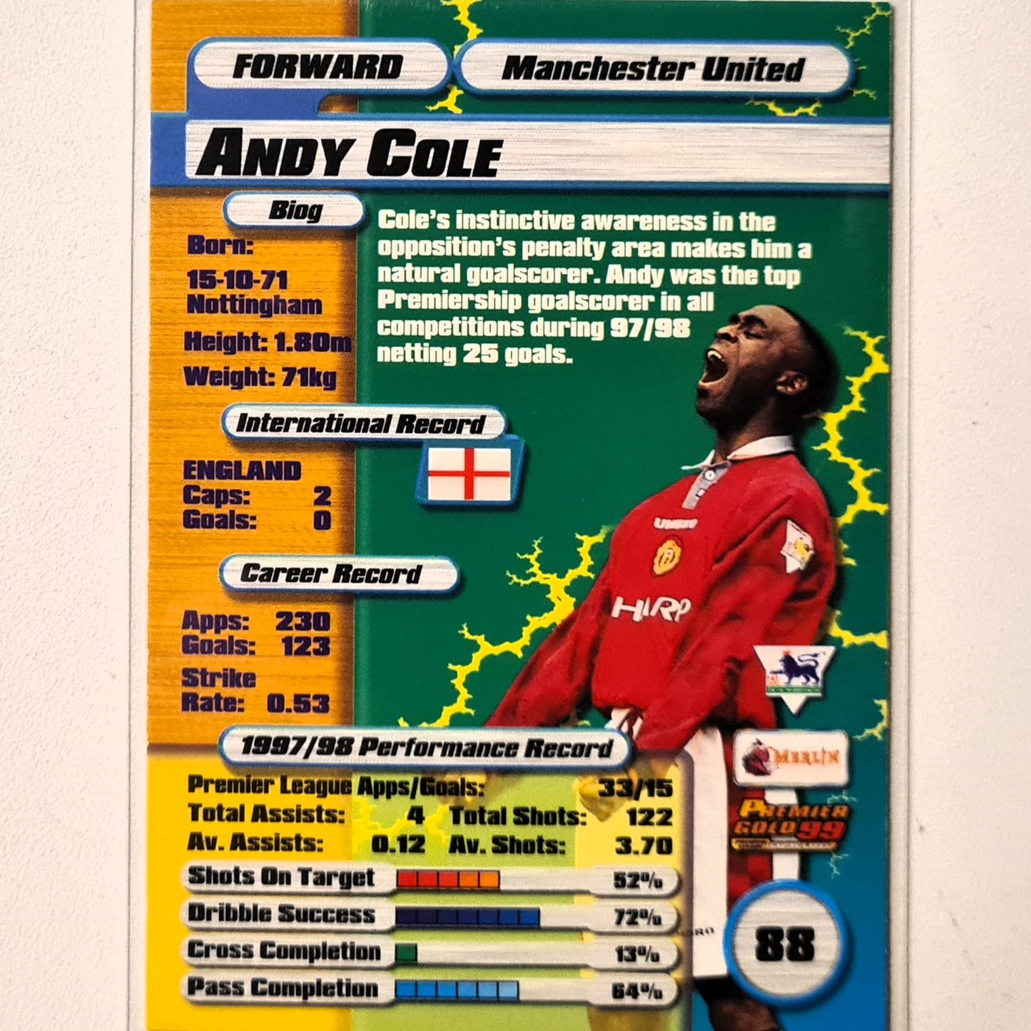 Andy Cole 1999 Merlin Premier Gold 99 #88 Football League Soccer #88 Football Manchester United very good Sleeved