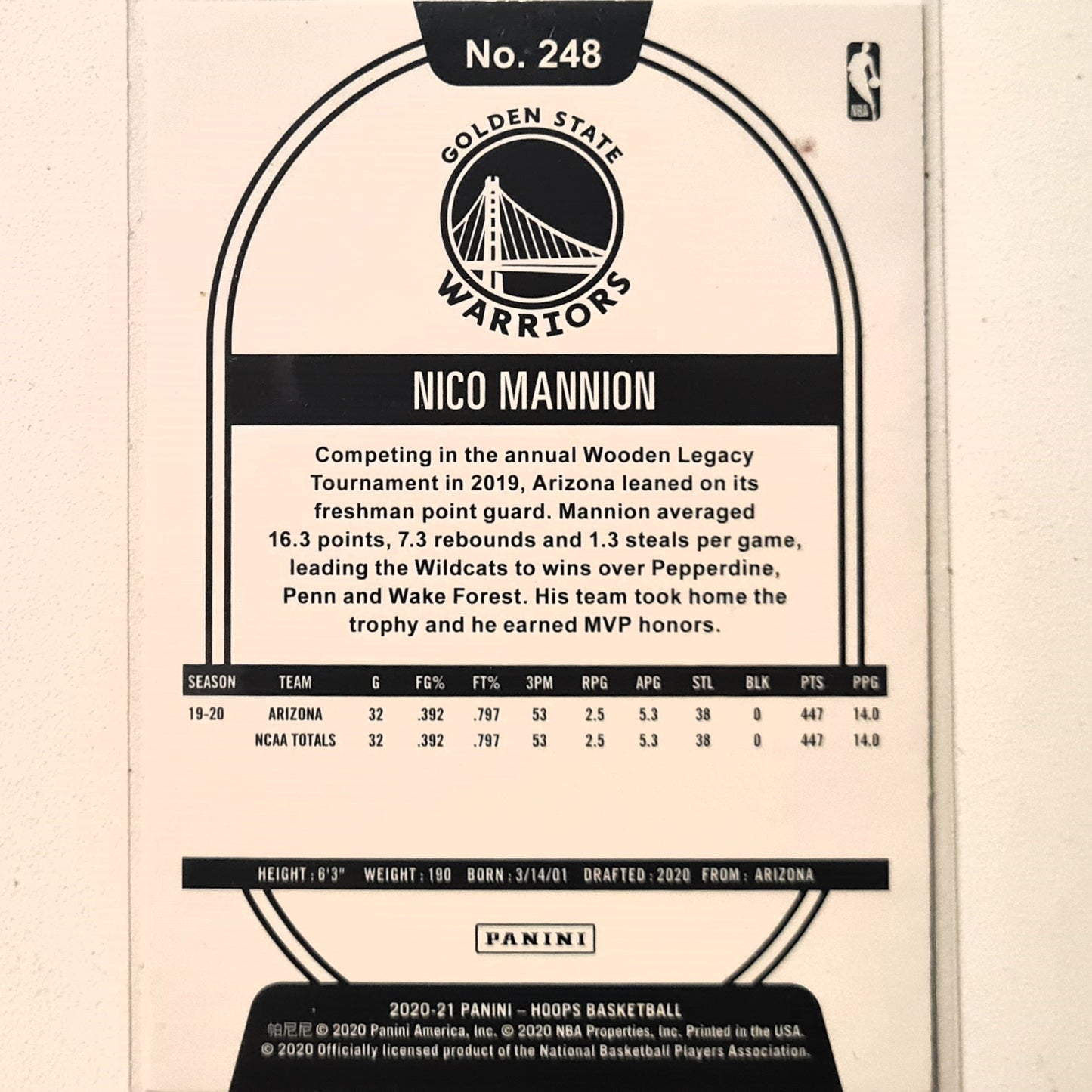 Nico Mannion 2020-21 Panini NBA Hoops Rookie RC #248 NBA Basketball Golden Excellent/mint Sleeved