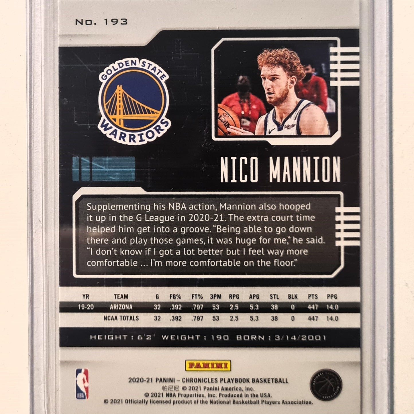 Nico Mannion 2020-21 Panini Chronicles Playbook Rookie RC #193 NBA Basketball Golden Excellent/mint Sleeved