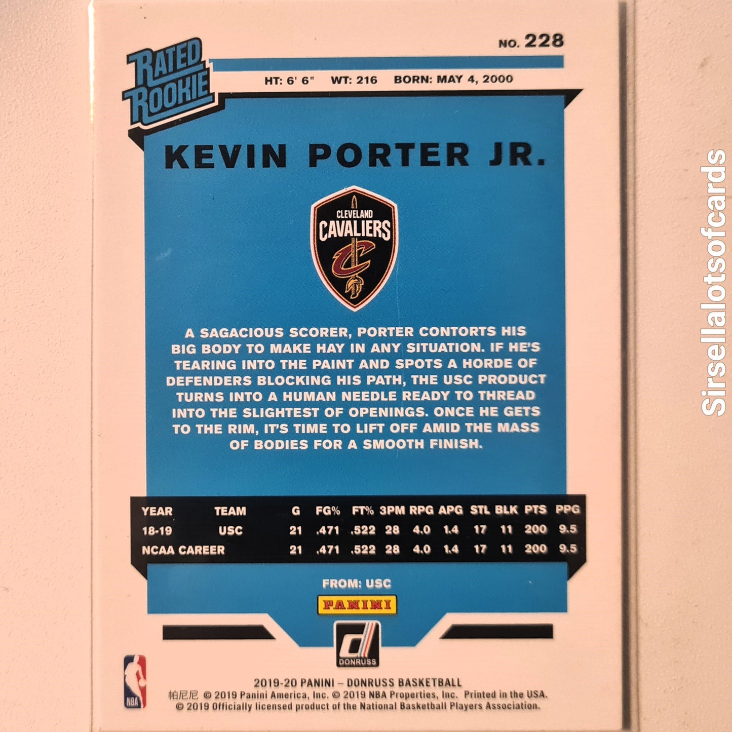 Kevin Porter Jr 2019-20 Donruss Rated Rookie #228 NBA Basketball Cleveland Cavaliers Excellent Sleeved