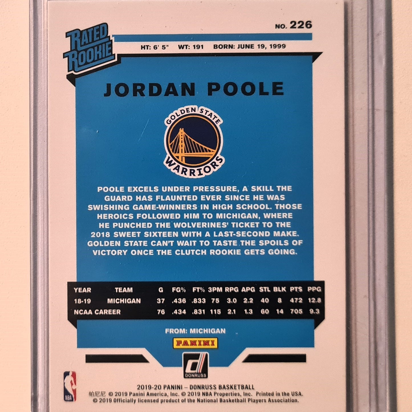 Jordan Poole 2019-20 Donruss Rated Rookie #226 NBA Basketball Golden State Excellent Sleeved