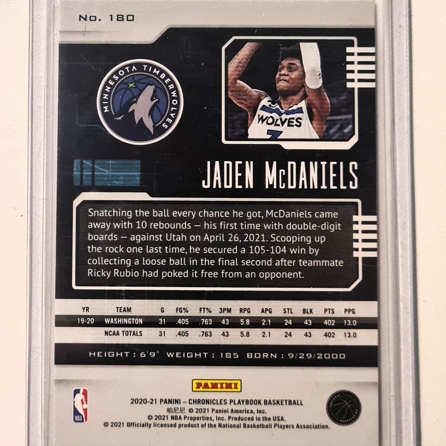 Jaden McDaniels 2020-21 Panini Chronicles playbook Rookie RC #180 NBA Basketball Minnesota Timberwolves Excellent Sleeved