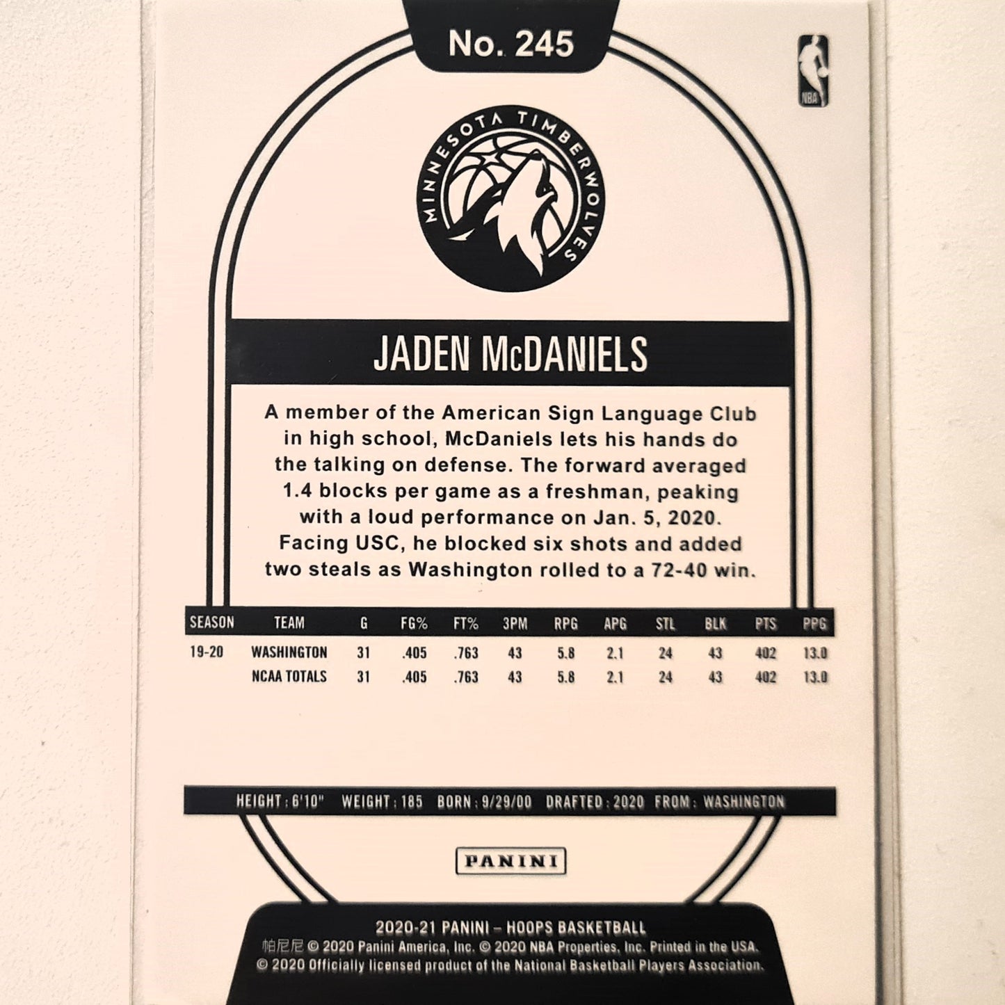 Jaden McDaniels 2020-21 Panini NBA Hoops Rookie RC #245 NBA Basketball Minnesota Timberwolves Excellent Sleeved