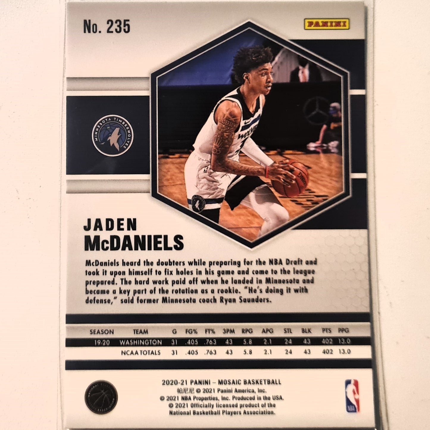 Jaden McDaniels 2020-21 Panini Mosaic Rookie RC #235 NBA Basketball Minnesota Timberwolves Excellent Sleeved