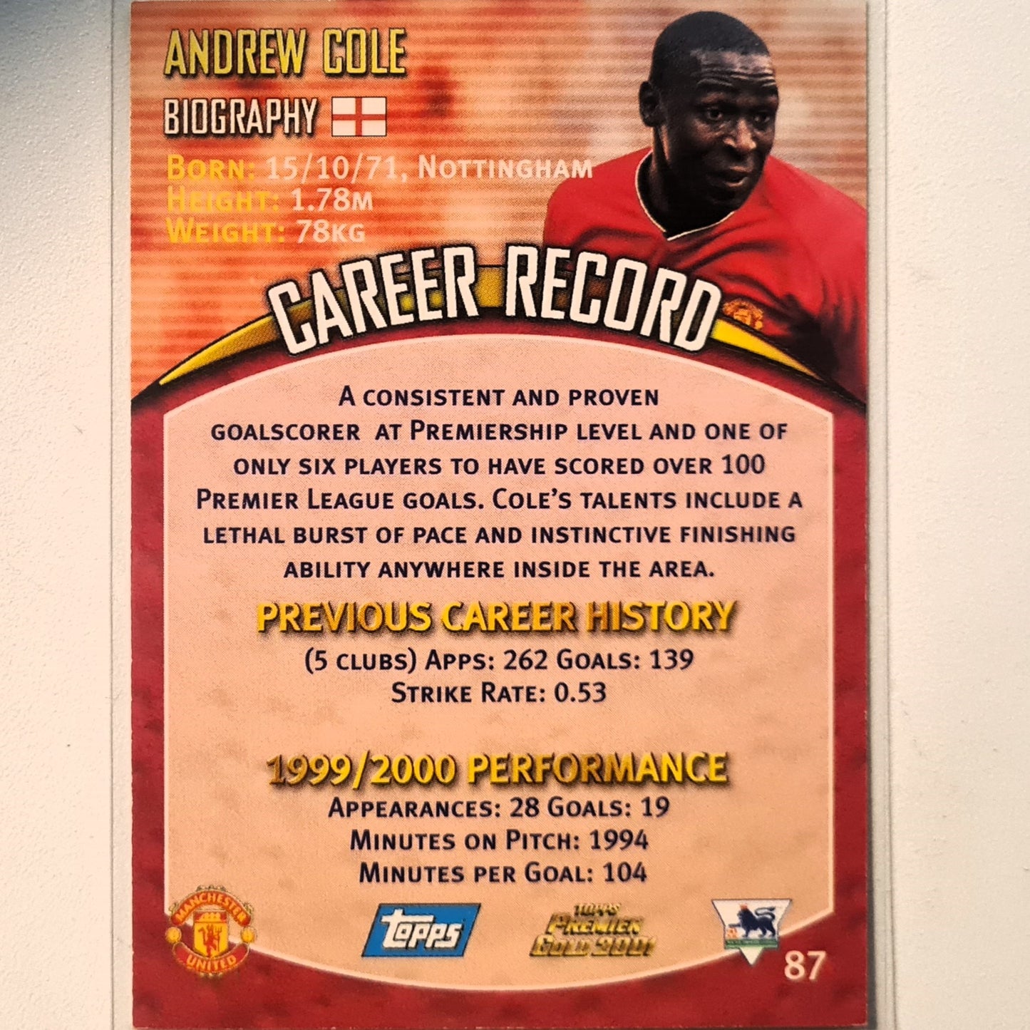 Andrew Cole 2001 Topps Premier gold 2001 #87 Soccer Football Manchester United very good Sleeved