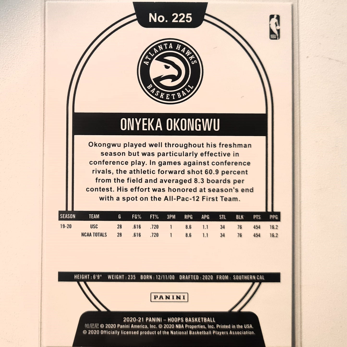 Onyeka Okongwu 2020-21 Panini NBA Hoops Rookie RC gold winter #225 NBA Basketball Atlanta Hawks Excellent/Mint Sleeved