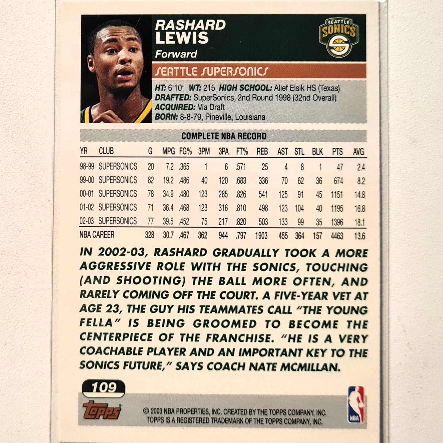 Rashard Lewis 2003-04 Topps #109 NBA Basketball Seattle Super Sonics Excellent Sleeved