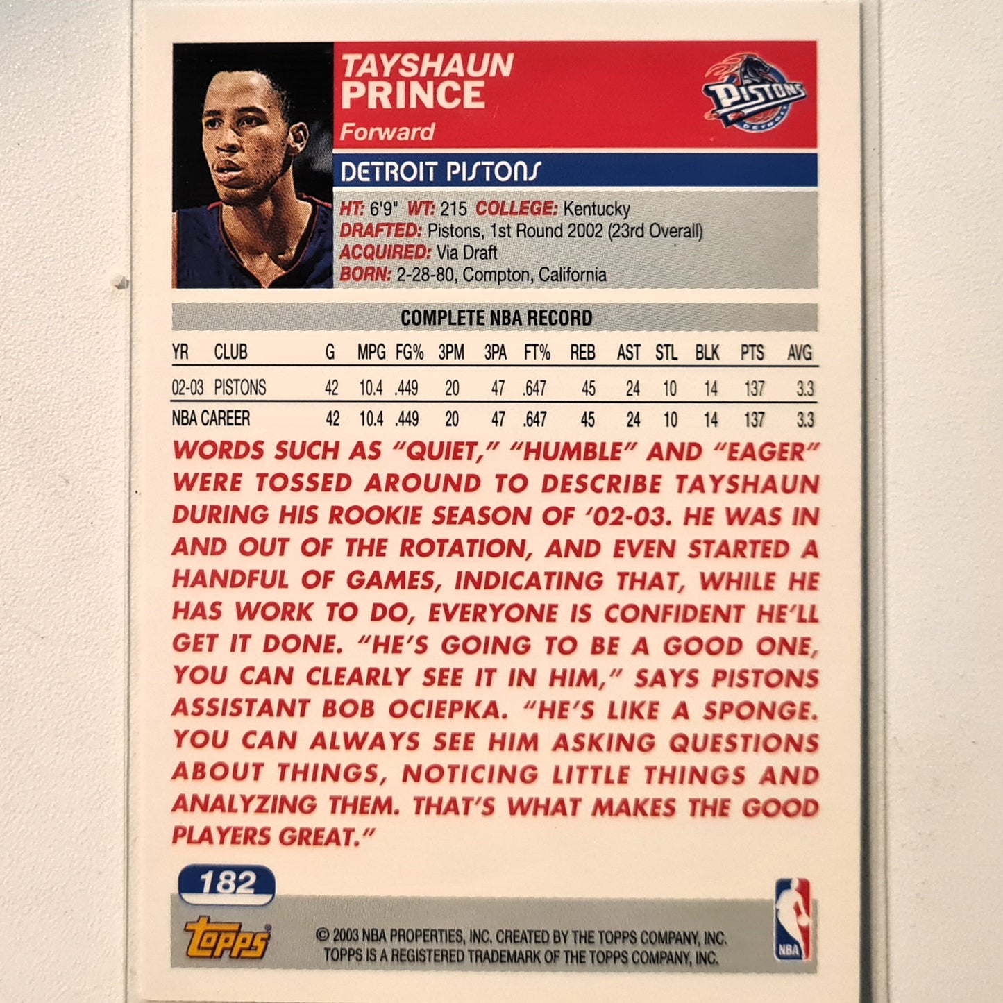 Tayshaun Prince 2003-04 Topps #182 NBA Basketball Detroit Pistons Excellent Sleeved