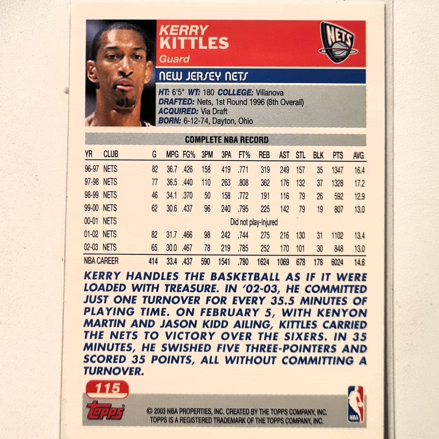 Kerry Kittles 2003-04 Topps #115 NBA Basketball New York Nets Excellent Sleeved