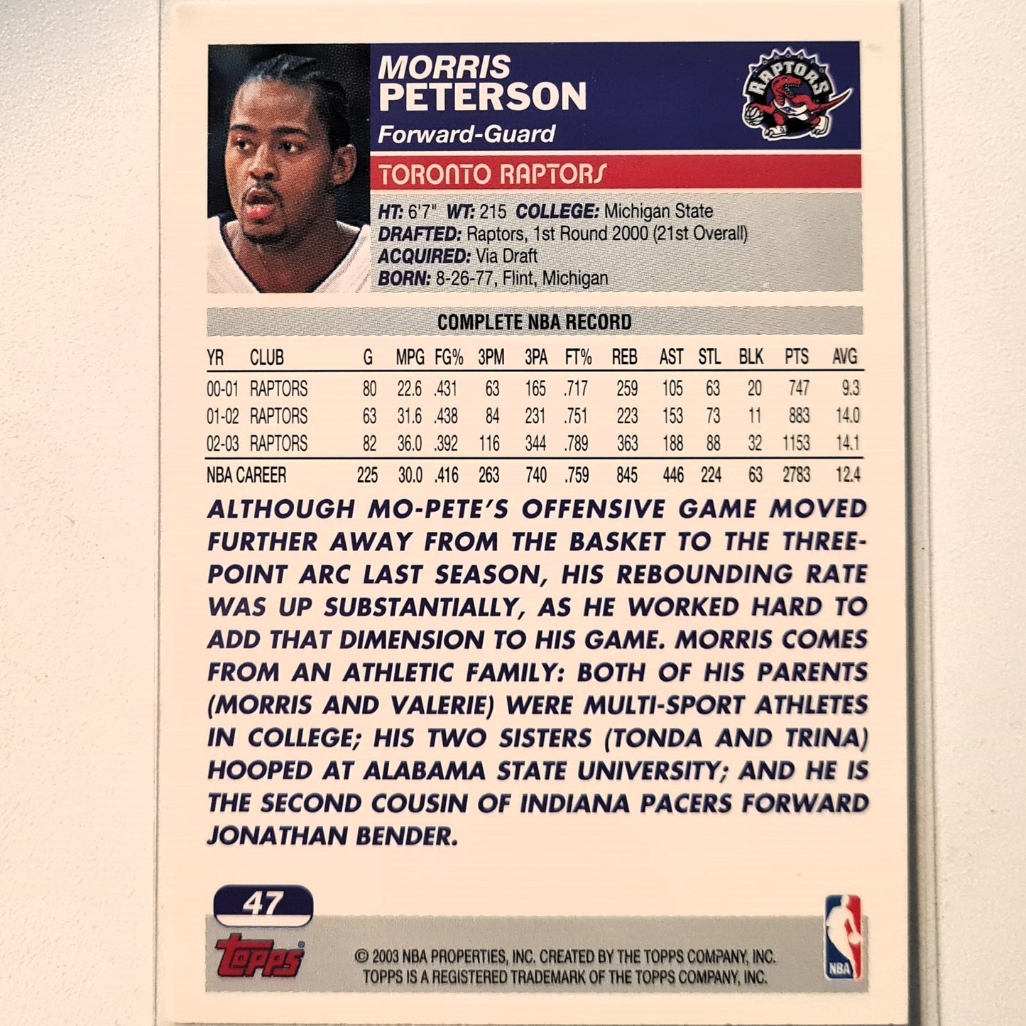 Morris Peterson 2003-04 Topps #47 NBA Basketball Toronto Raptors Excellent Sleeved