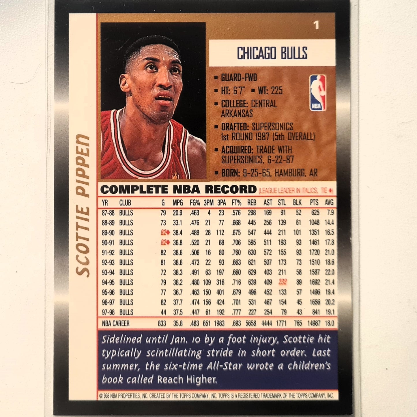 Scottie Pippen 1998 Topps #1 NBA Basketball Chicago Bulls excellent Sleeved