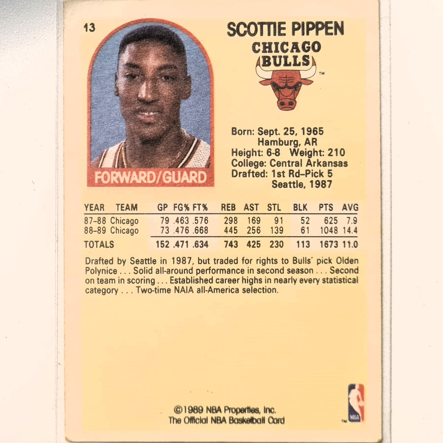 Scottie Pippen 1989 NBA Hoops #13 NBA Basketball Chicago Bulls fair/good Sleeved
