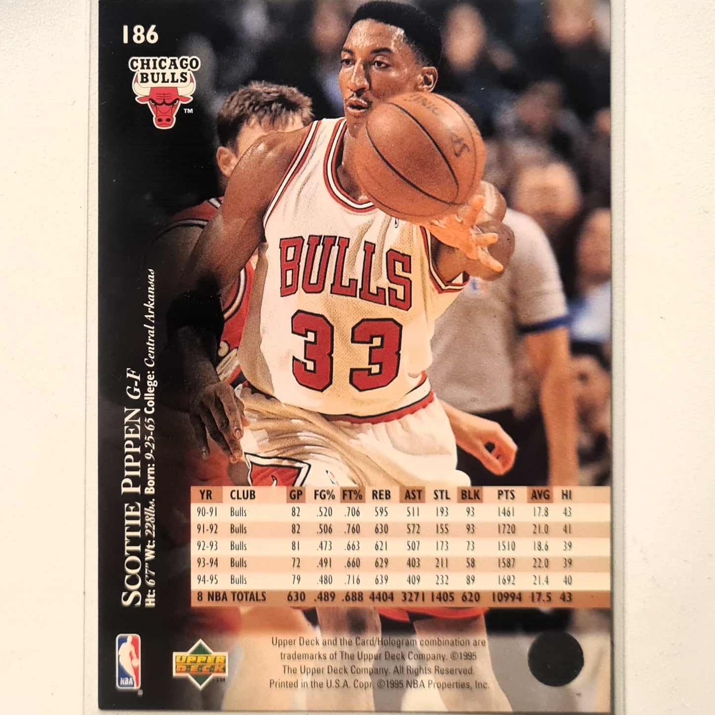 Scottie Pippen 1995 Upper-Deck #186 NBA Basketball Chicago Bulls Excellent Sleeved