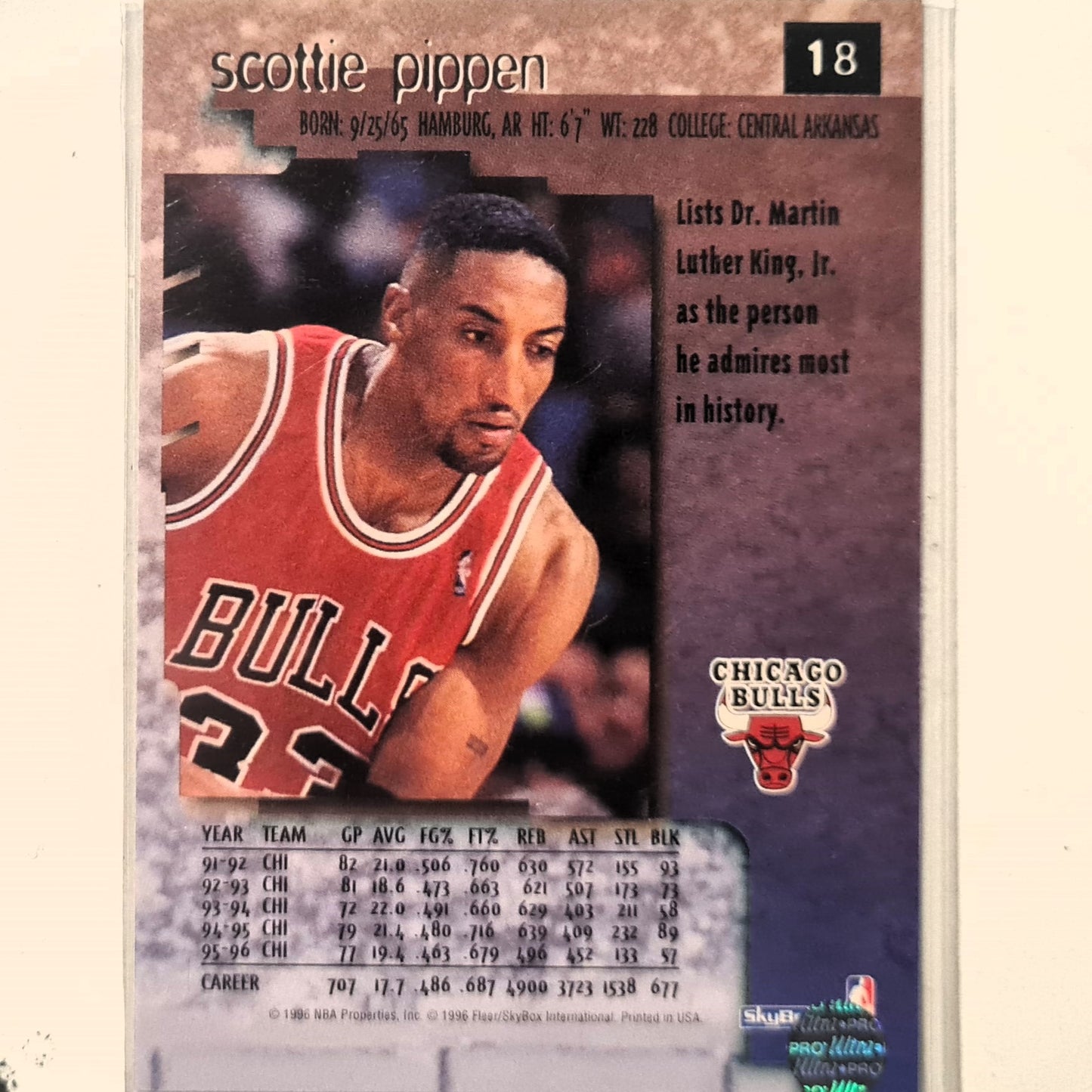 Scottie Pippen 1996 Skybox Premium #18 NBA Basketball Chicago Bulls Excellent Sleeved