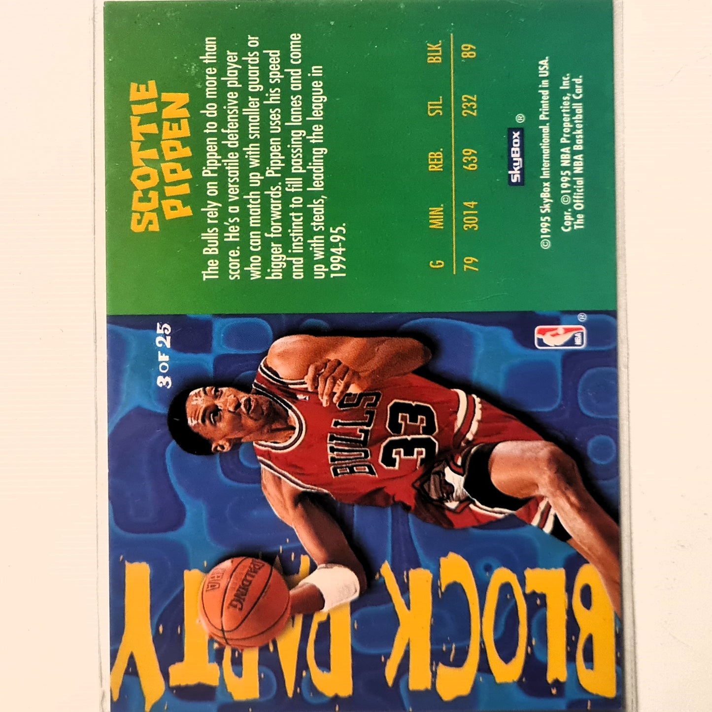 Scottie Pippen 1995 Skybox NBA Hoops Block Party 3 of 25 NBA Basketball Chicago Bulls Excellent Sleeved