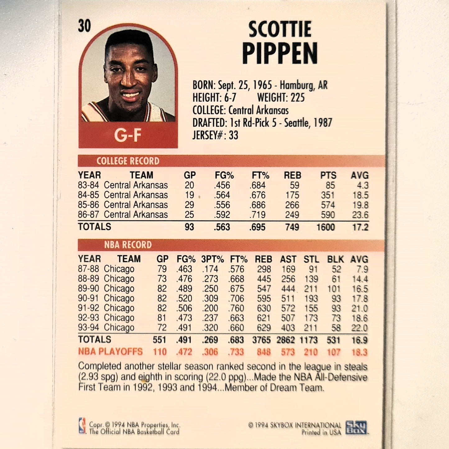 Scottie Pippen 1994 Skybox NBA Hoops #30 NBA Basketball Chicago Bulls Excellent Sleeved