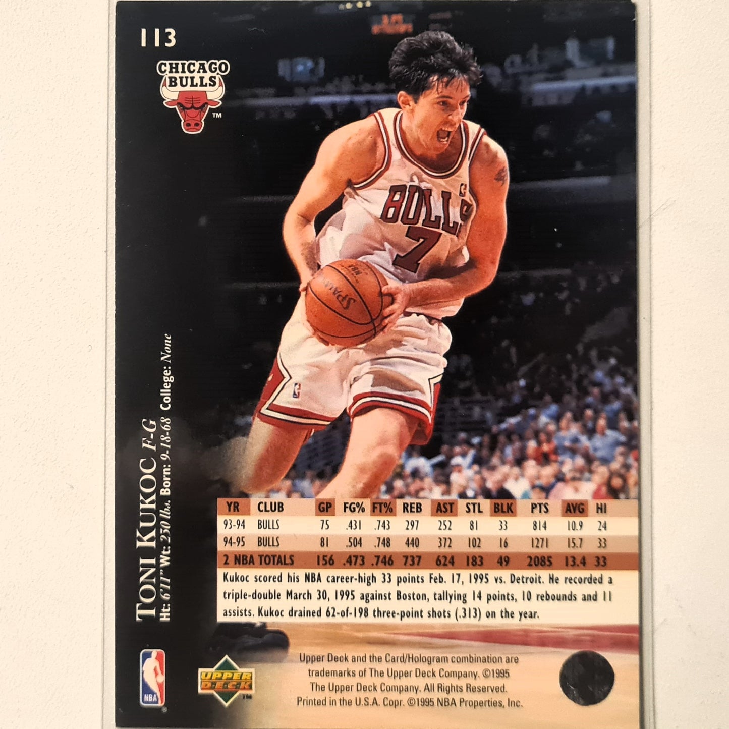Toni Kukoc 1995 Upper Deck #113 NBA Basketball Chicago Bulls very good Sleeved