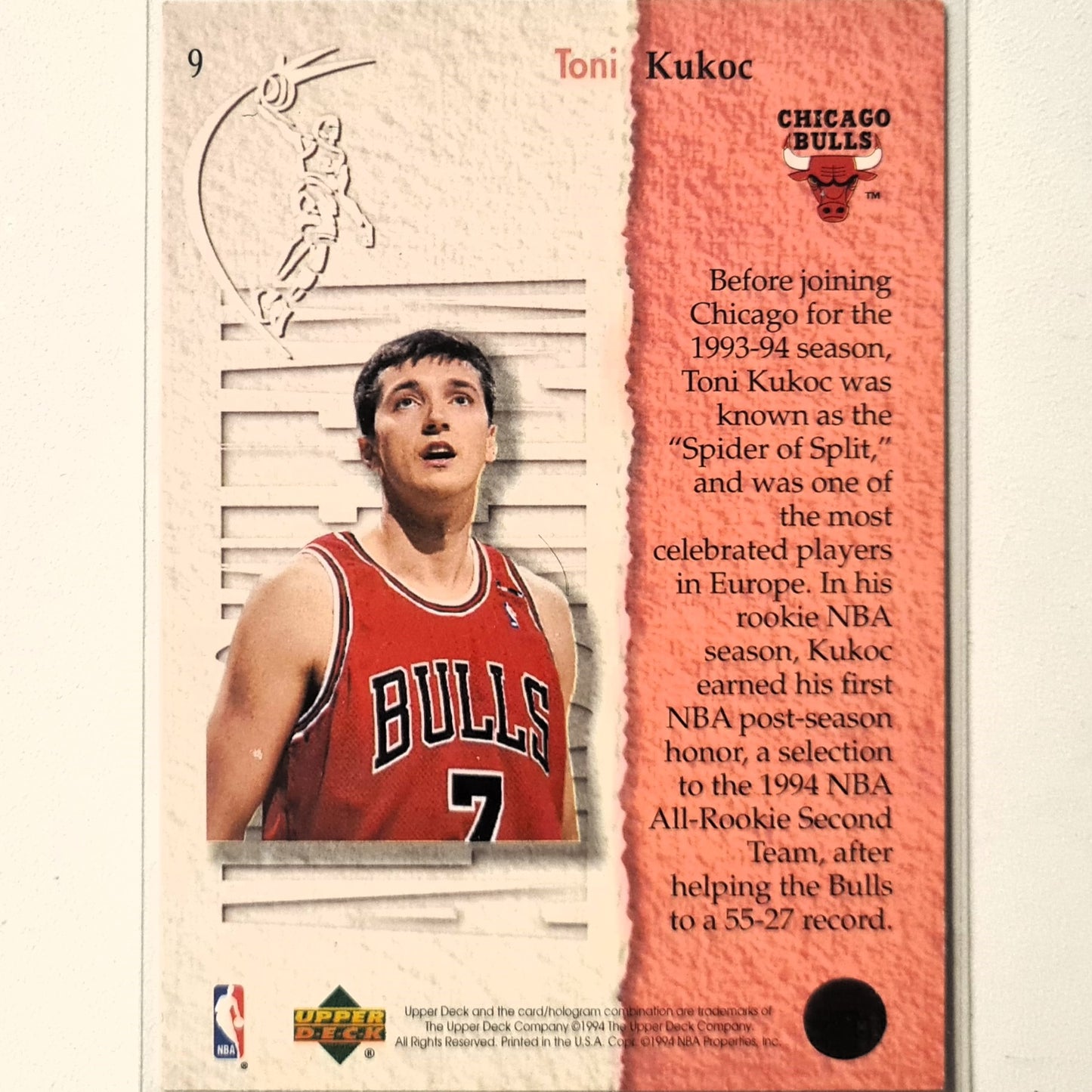 Toni Kukoc 1994 Upper-Decl all rookie 2nd team #9 NBA Basketball Chicago Bulls very good Sleeved