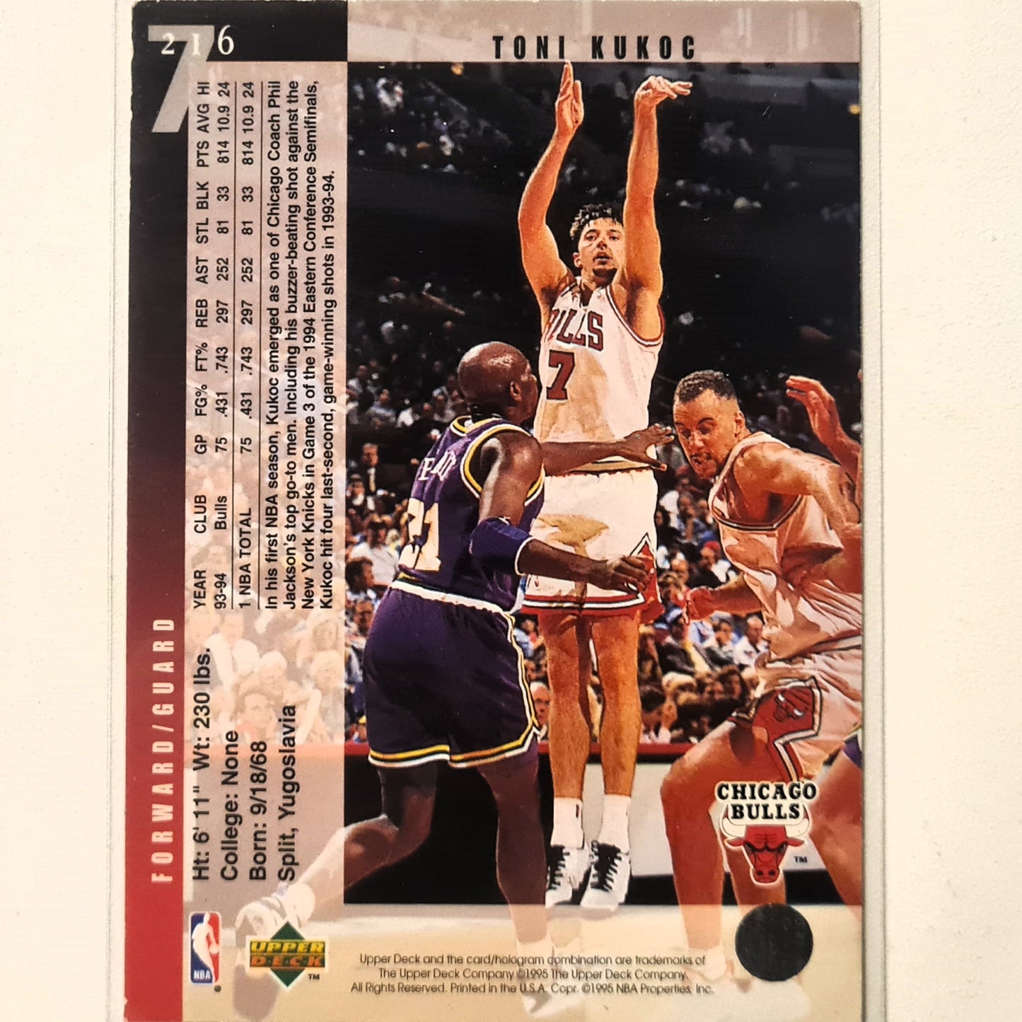 Toni Kukoc 1995 Upper-Deck #216 NBA Basketball Chicago Bulls fair/good Sleeved
