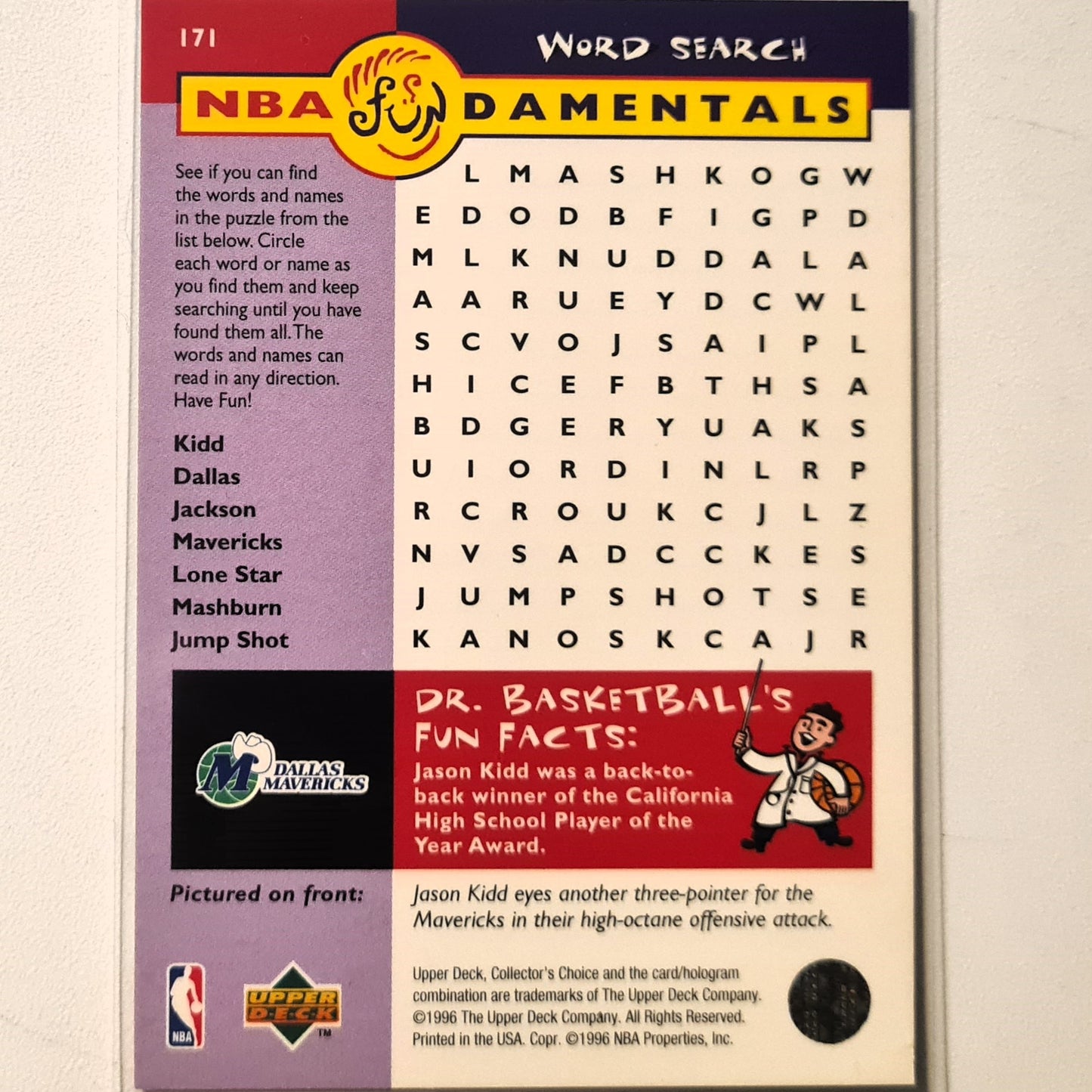 Jason Kidd 1996 Upper-Deck Fundamentals #171 NBA Basketball Dallas Mavericks Excellent Sleeved