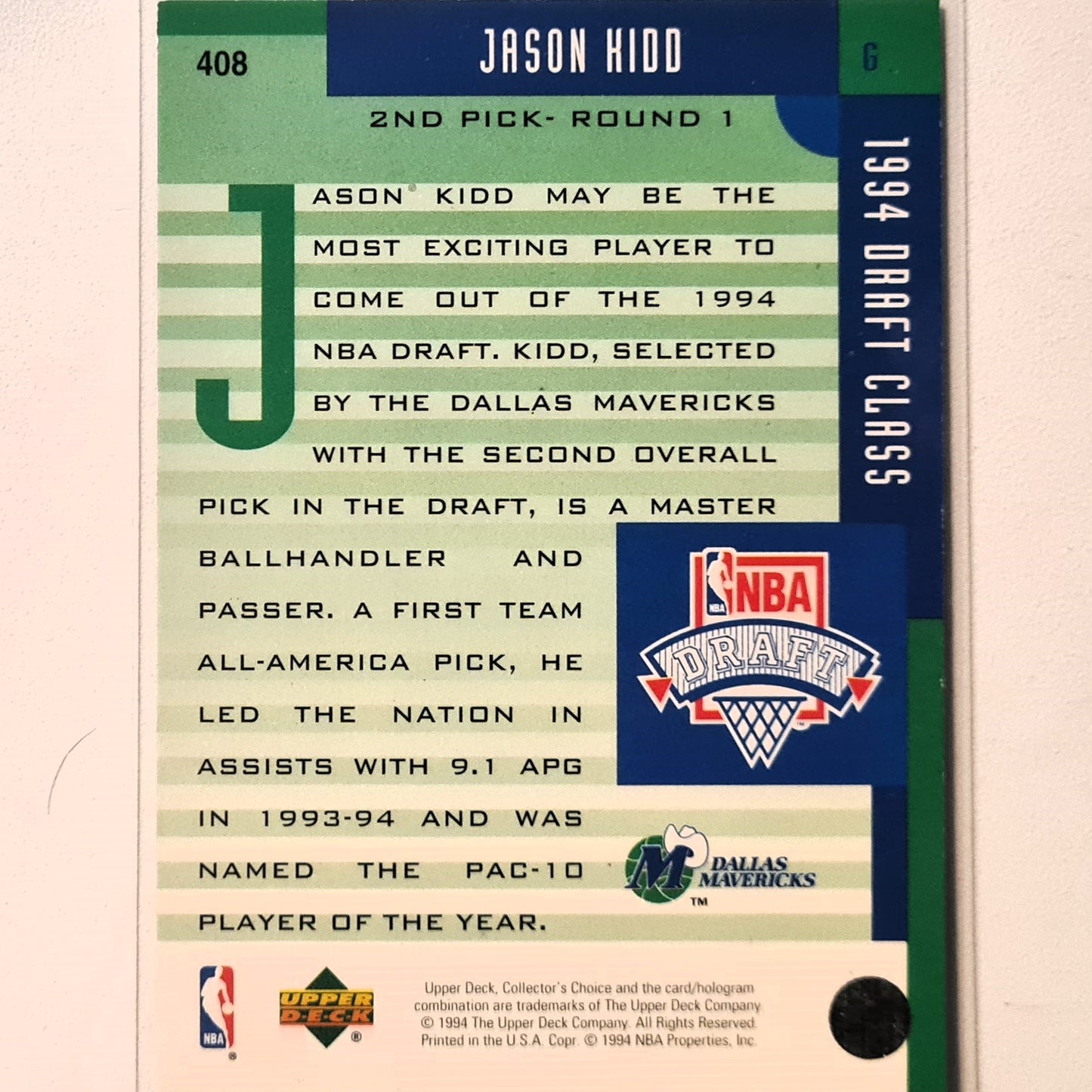 Jason Kidd 1994 Upper-Deck Draft class Rookie RC #408 NBA Basketball Dallas Mavericks Excellent Sleeved