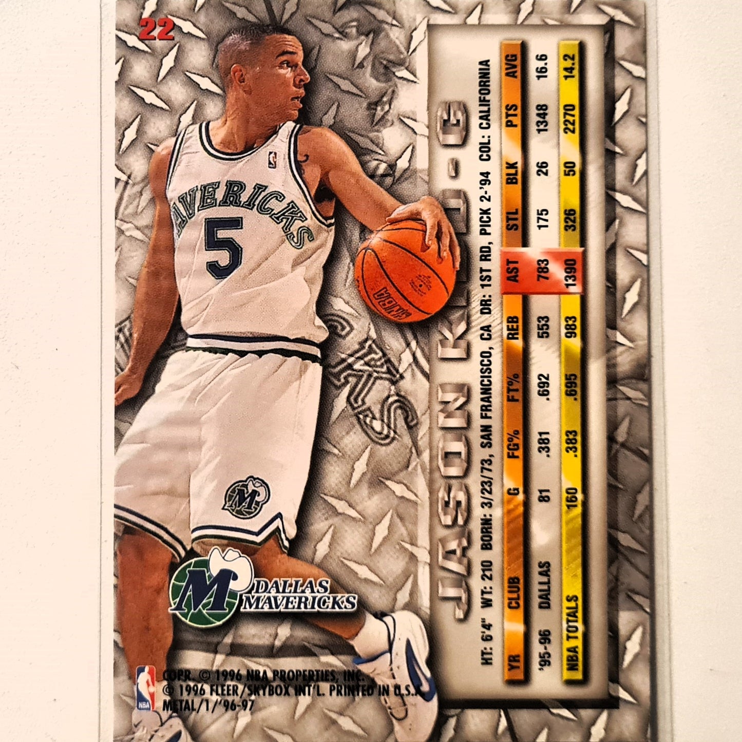 Jason Kidd 1996 Fleer Metal 96-97 #22 NBA Basketball Dallas Mavericks Excellent Sleeved