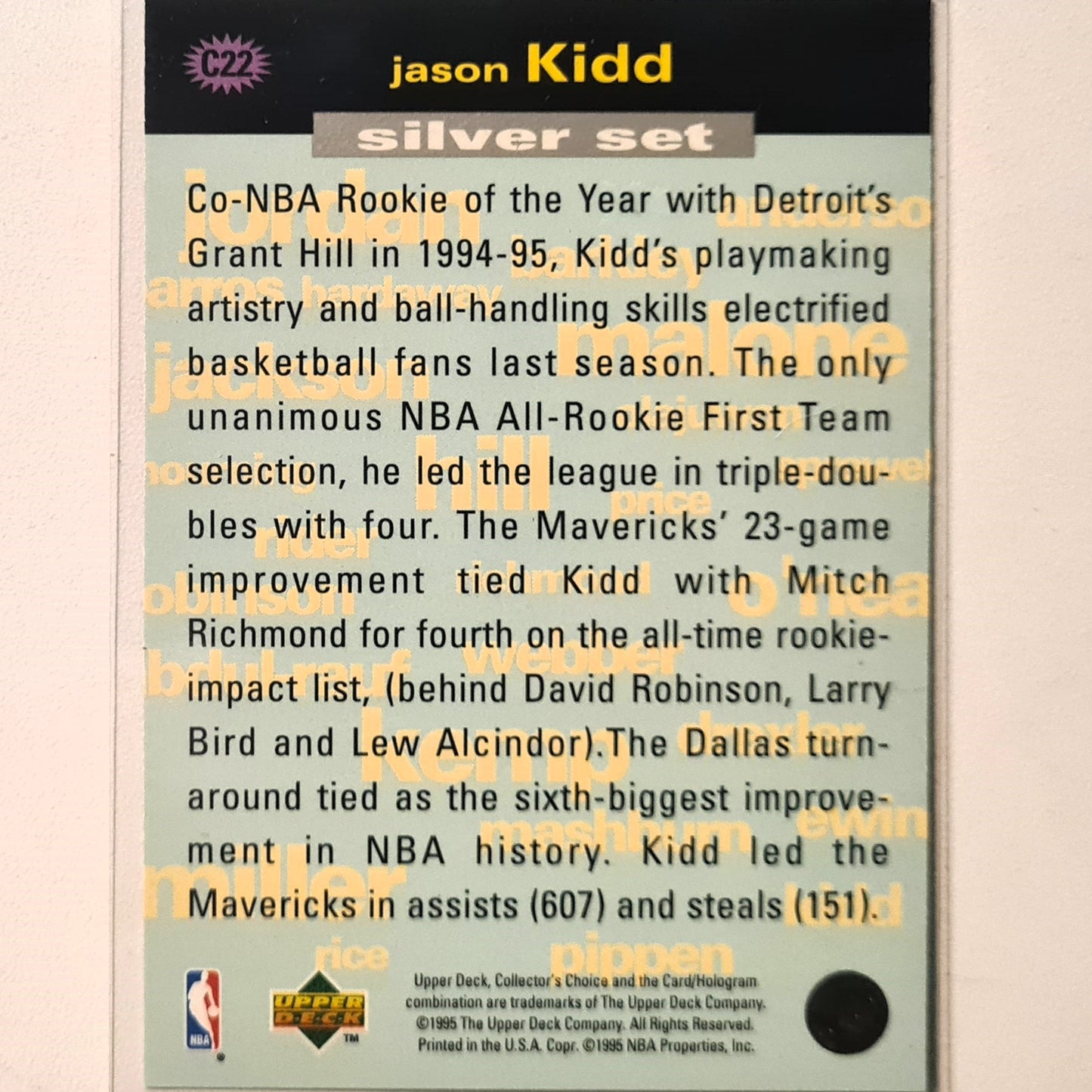 Jason Kidd 1995 upper-Deck Silver set crash the game C22 Basketball Dallas Mavericks very good Sleeved