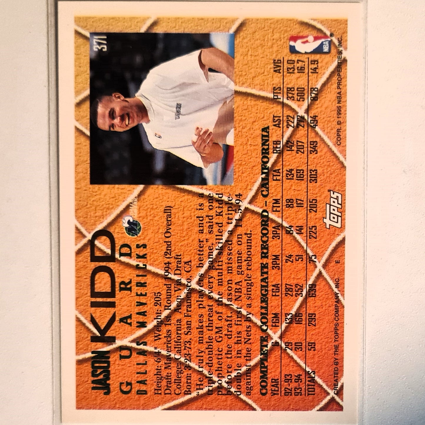 Jason Kidd 1995 Topps 1994 Draft pick Rookie RC #371 NBA Basketball Dallas Mavericks Excellent Sleeved