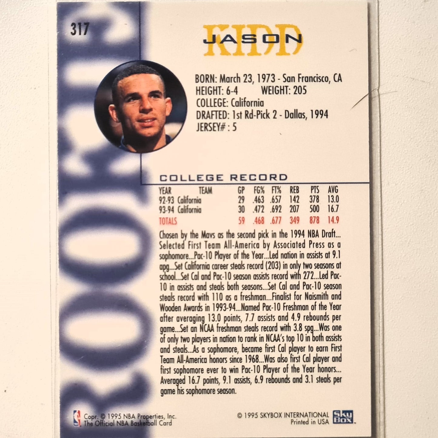 Jason Kidd 1995 Topps 1994 Skybox NBA Hoops Rookie RC #317 NBA Basketball Dallas Mavericks Excellent Sleeved
