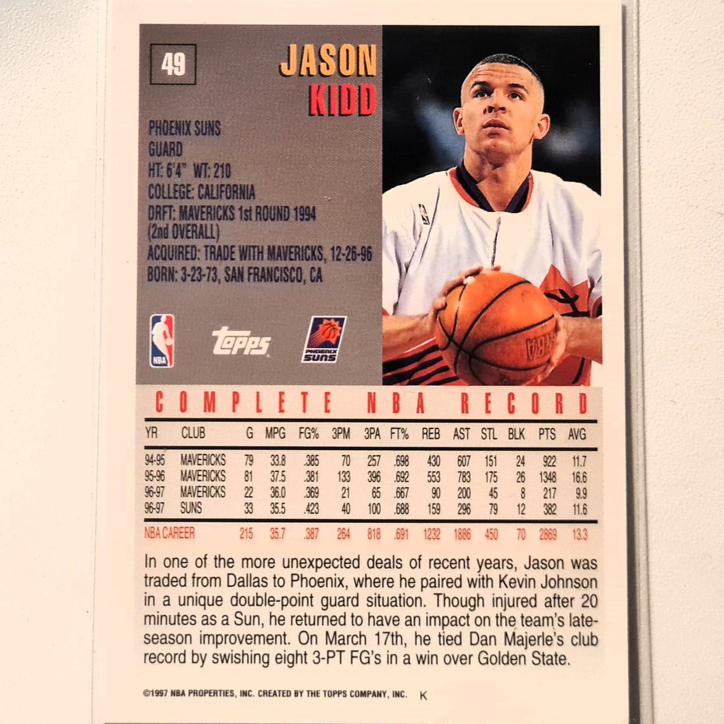 Jason Kidd 1997 Topps #49 NBA Basketball phoenix suns Excellent Sleeved