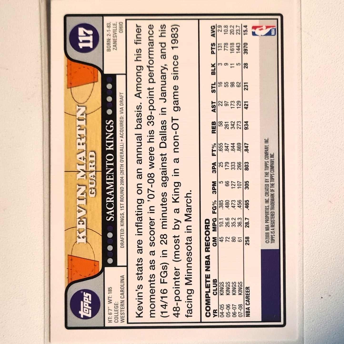 Kevin Martin 2008 Topps #117 NBA Basketball Sacramento Kings Excellent Sleeved