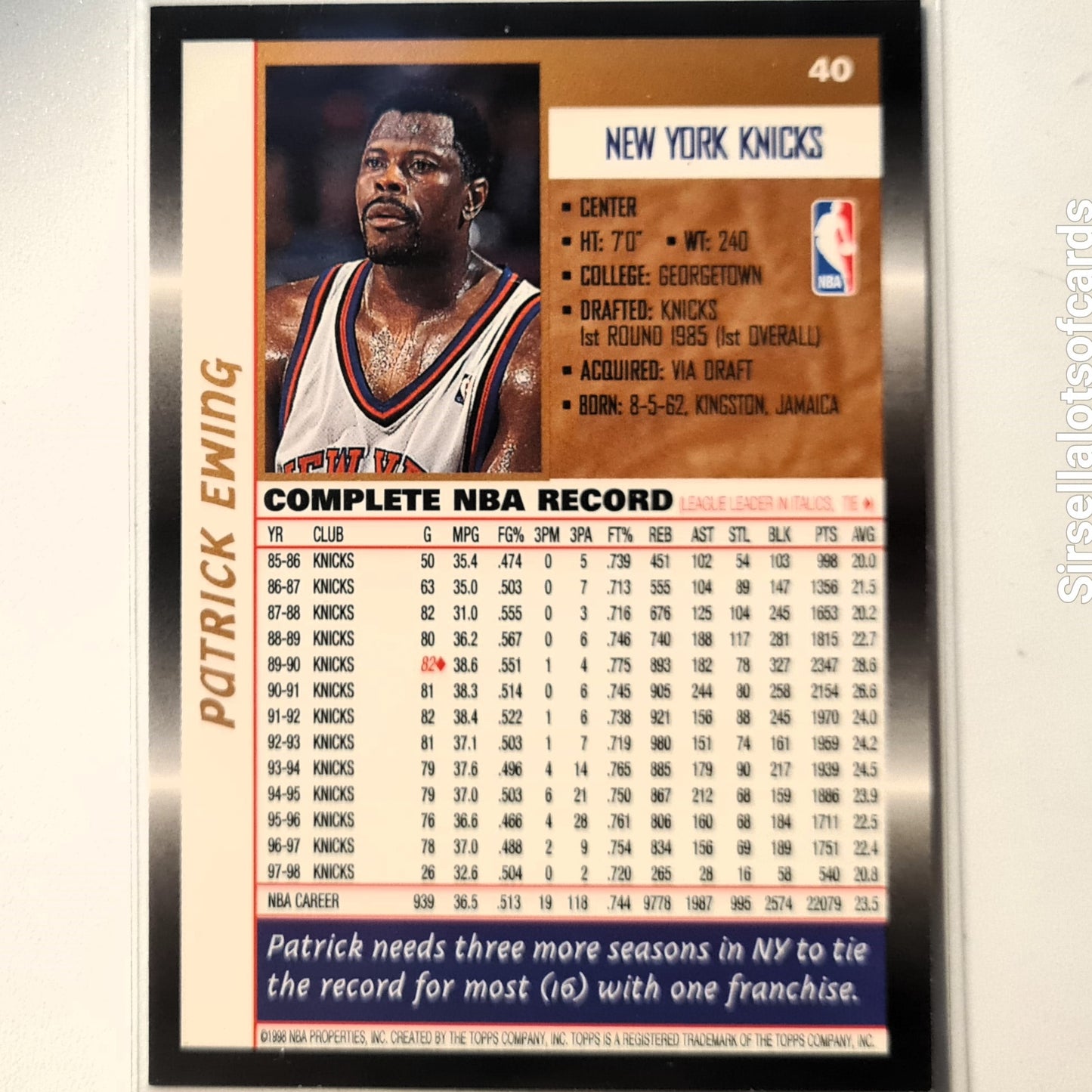 Patrick Ewing 1998 Topps #40 NBA Basketball New York Knicks very good sleeved