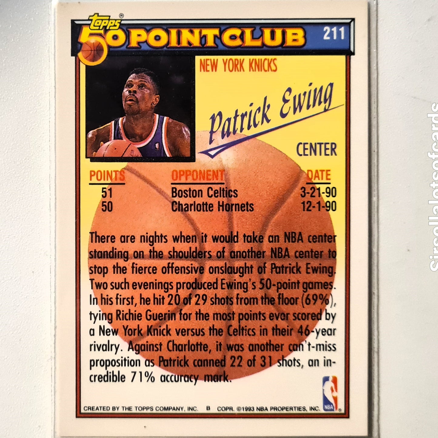 Patrick Ewing 1993 Topps 50 Point Club #211 NBA Basketball New York Knicks Excellent Sleeved