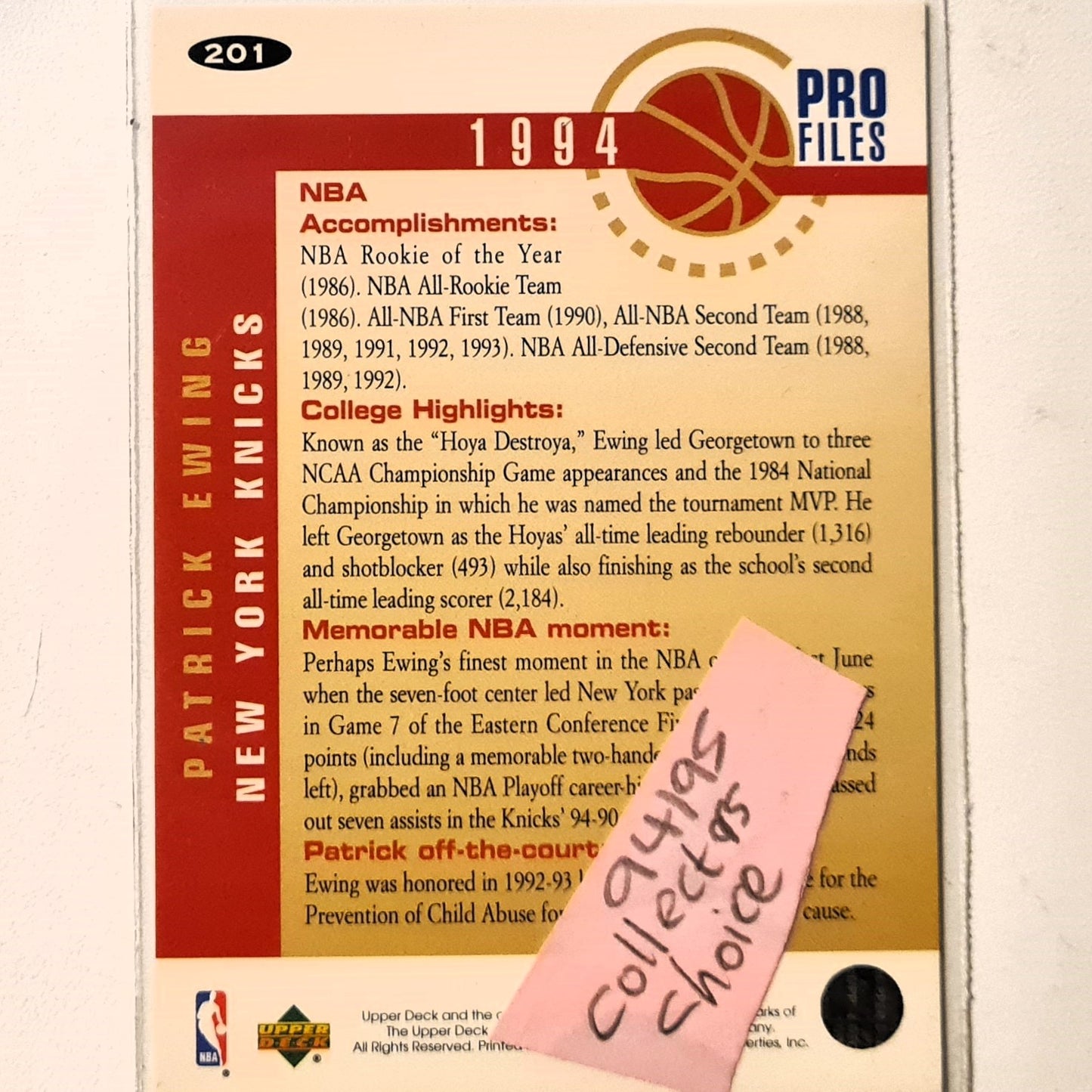 Patrick Ewing 1994 Upper-Deck pro files silver signature variant #201 NBA Basketball New York Knicks Excellent Sleeved