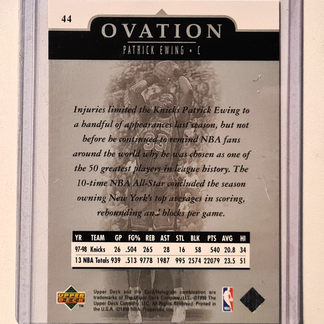 Patrick Ewing 1998 Upper-Deck Ovation #44 NBA Basketball New York Knicks Excellent Sleeved