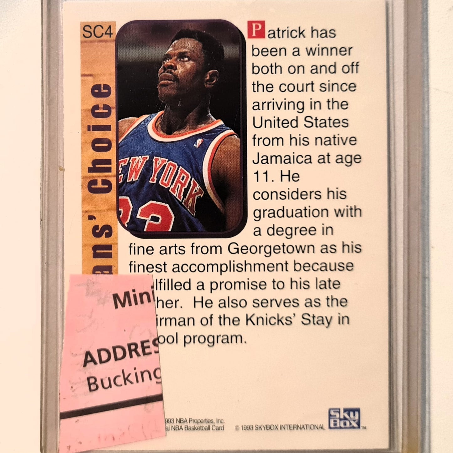Patrick Ewing 1993 Skybox NBA Hoops Supreme Court fan's choice SC4 NBA Basketball New York Knicks Excellent Sleeved