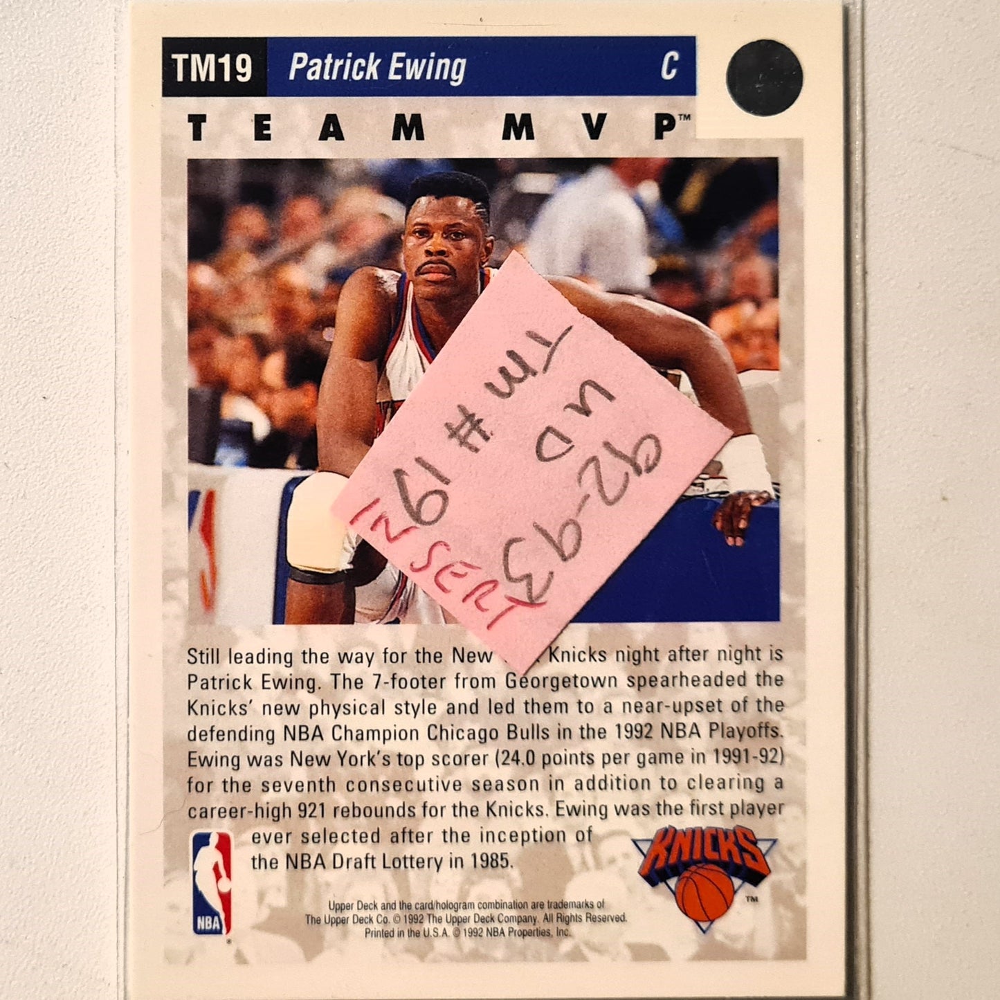 Patrick Ewing 1992 Upper-Deck Team MVP TM19 NBA Basketball New York Knicks Excellent Sleeved