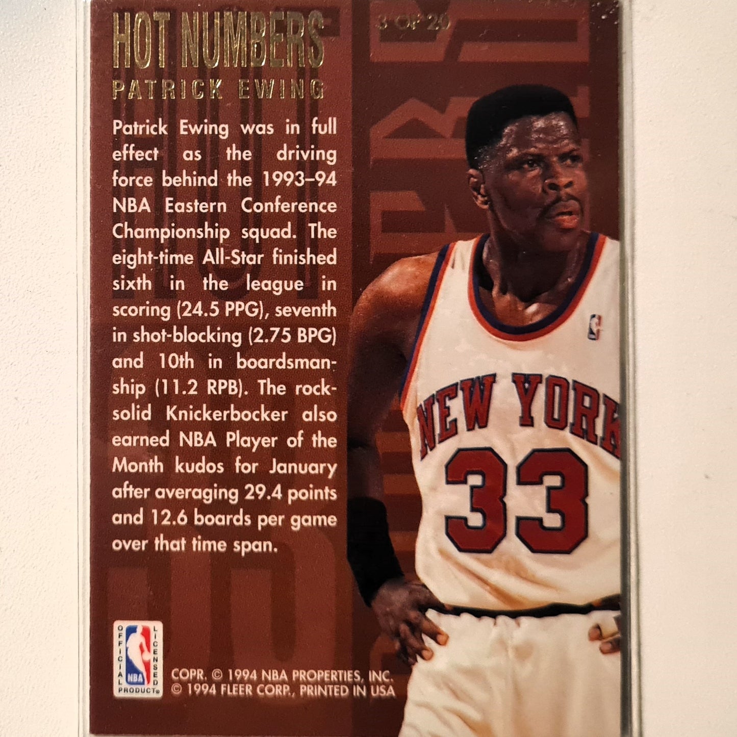 Patrick Ewing 1994 Fleer Flair 94-95 Hot Numbers insert 3 of 20 NBA Basketball New York Knicks Excellent Sleeved