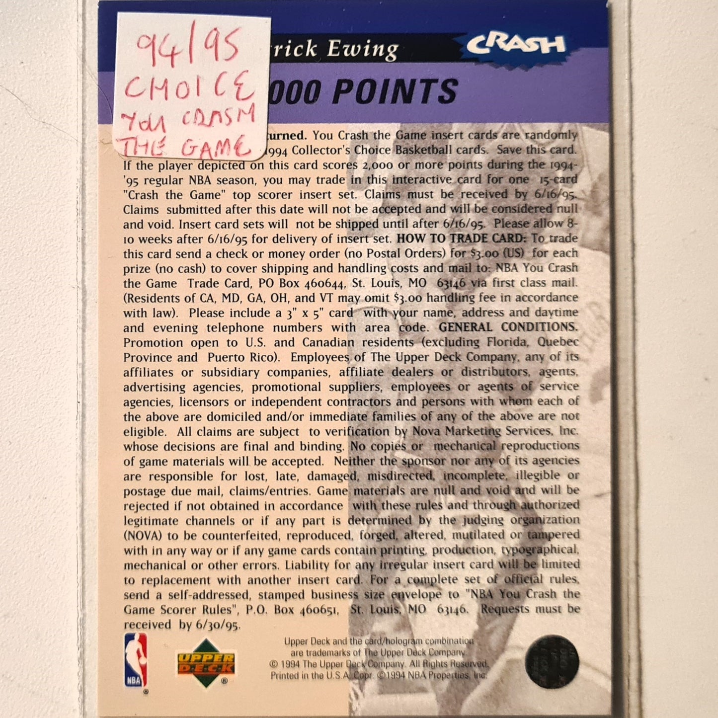 Patrick Ewing 1994 Upper-Deck you crash the game S4 NBA Basketball New York Knicks Excellent Sleeved