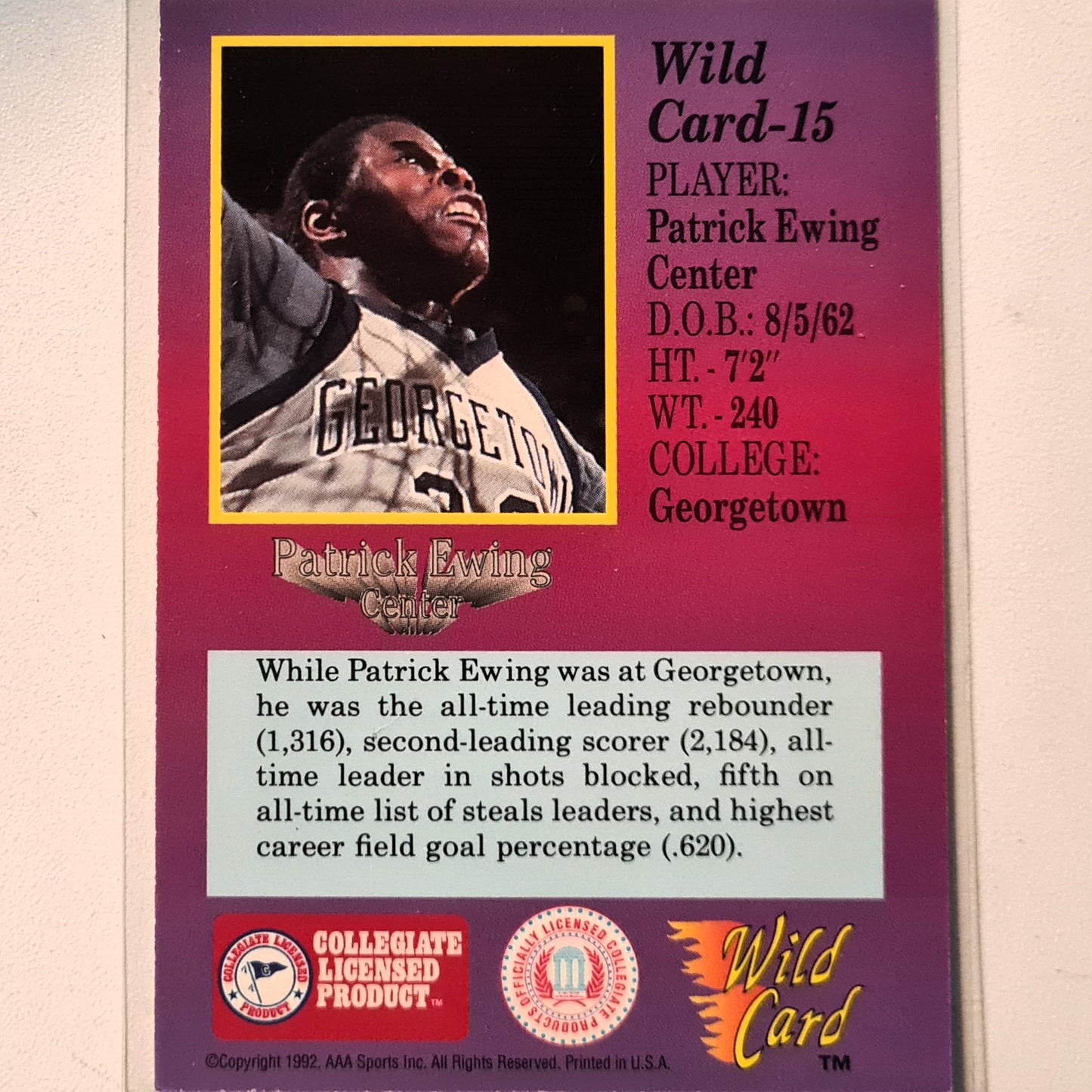 Patrick Ewing 1992 AAA Sports 1st edition Wild card #15 NBA Basketball New York Knicks Excellent Sleeved