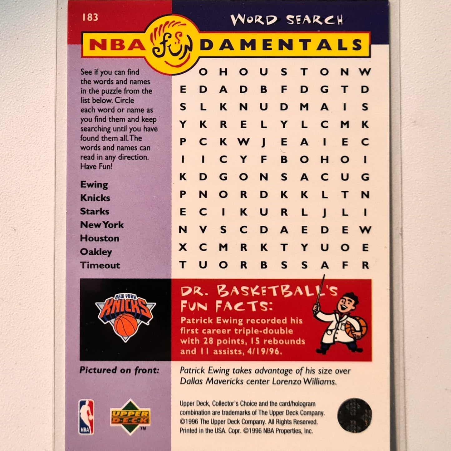 Patrick Ewing 1996 Upper-Deck Fundamentals #183 NBA Basketball New York Knicks Excellent Sleeved