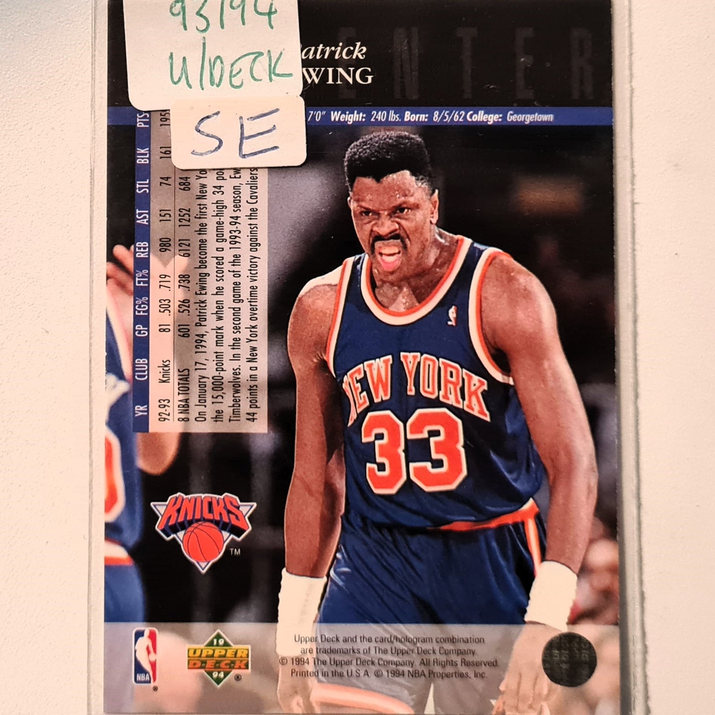 Patrick Ewing 1994 Upper-Deck #138 NBA Basketball New York Knicks very good Sleeved