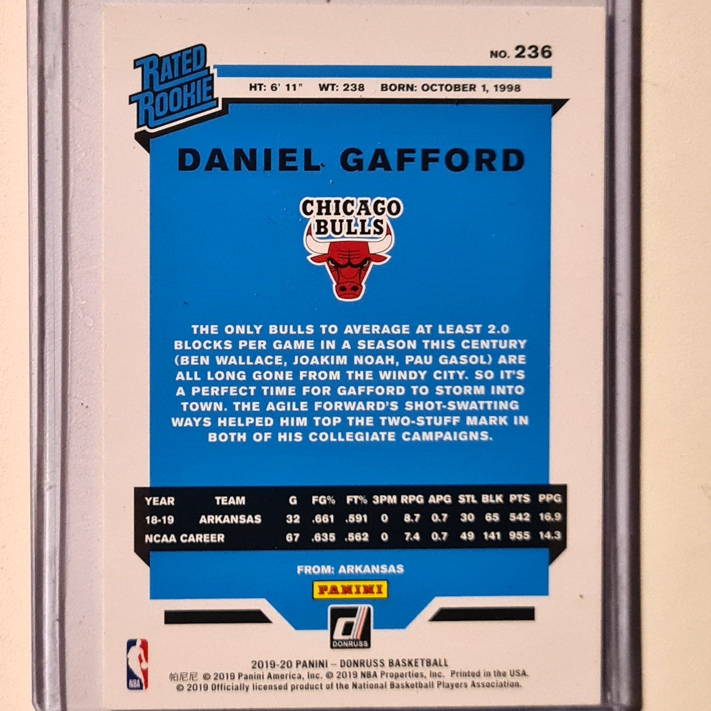 Daniel Gafford 2019-20 Panini Donruss Rated Rookie RC #236 NBA Basketball Chicago Bulls Excellent Sleeved