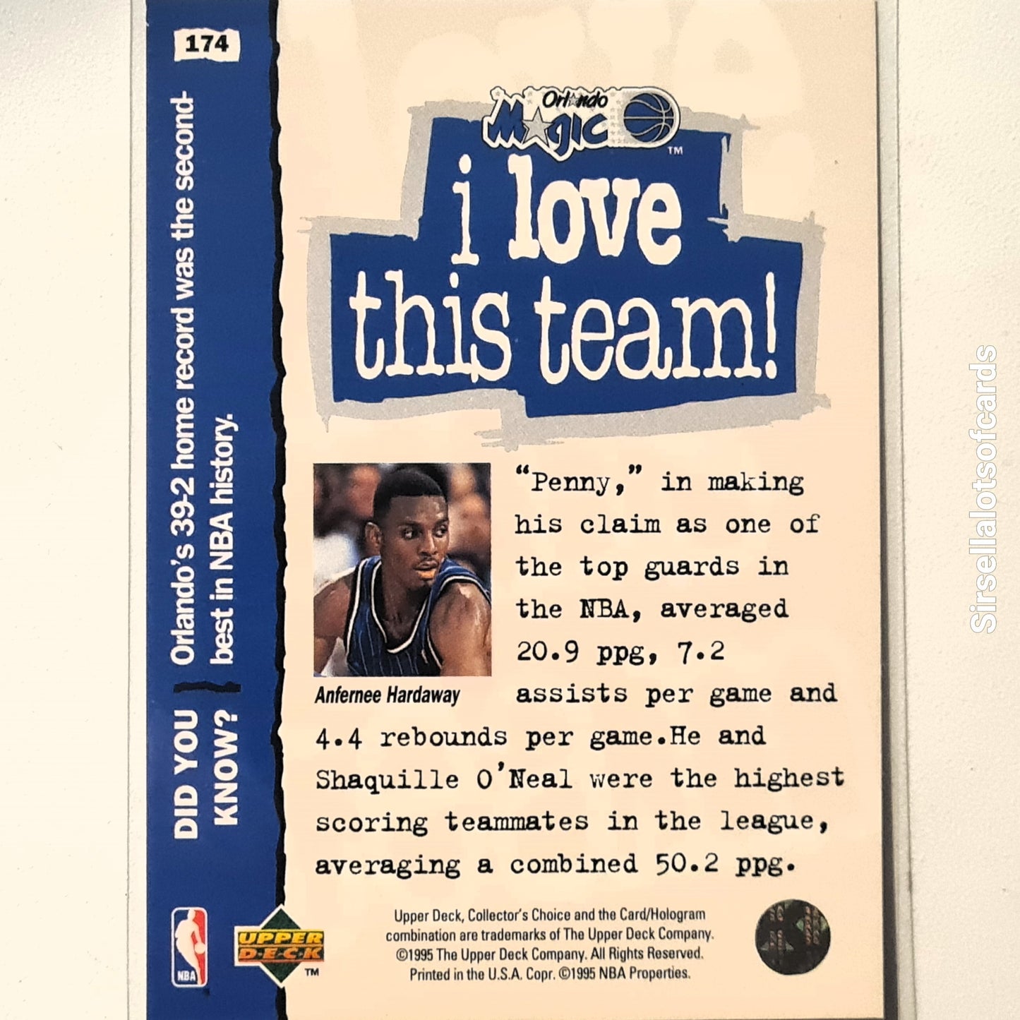 Anfernee Hardaway 1995 Upper-Deck i love this team #174 NBA Basketball Orlando Magic Excellent Sleeved