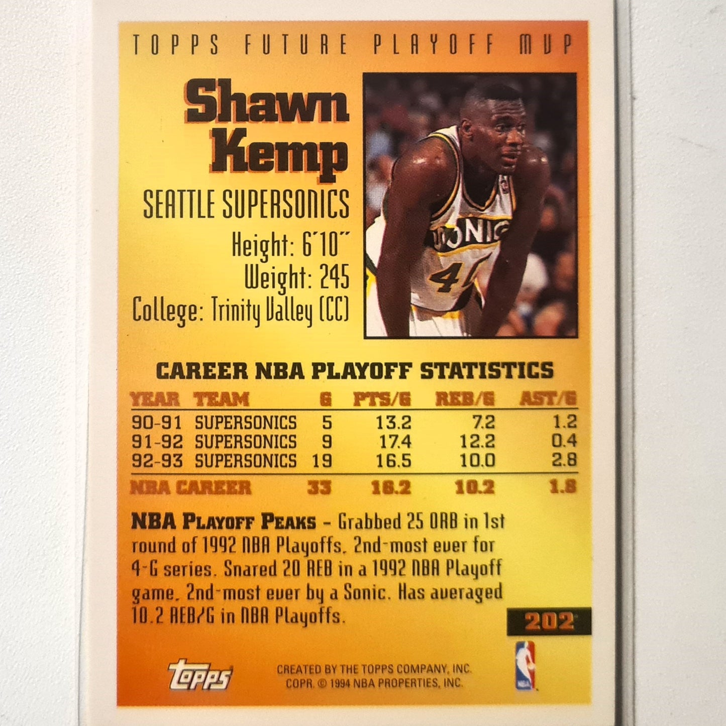 Shawn Kemp 1994 Topps future playoff MVP #202 NBA Basketball Seattle Super Sonics excellent Sleeved