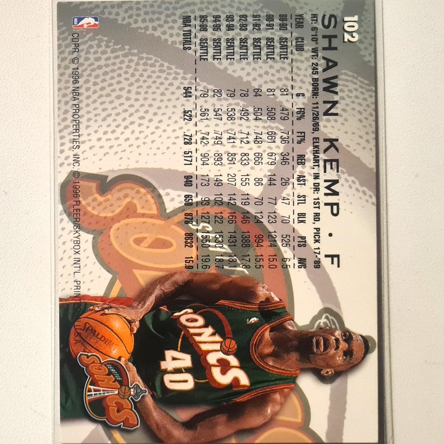 Shawn Kemp 1996 Fleer 96-97 #102 NBA Basketball Seattle Super Sonics excellent Sleeved