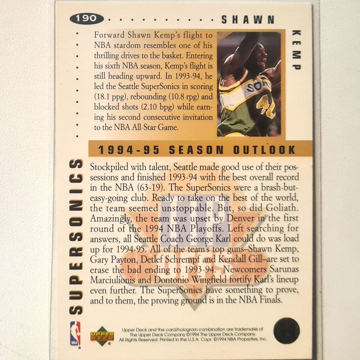 Shawn Kemp 1994 Upper-Deck Tip Offs #190 NBA Basketball Seattle Super Sonics excellent Sleeved