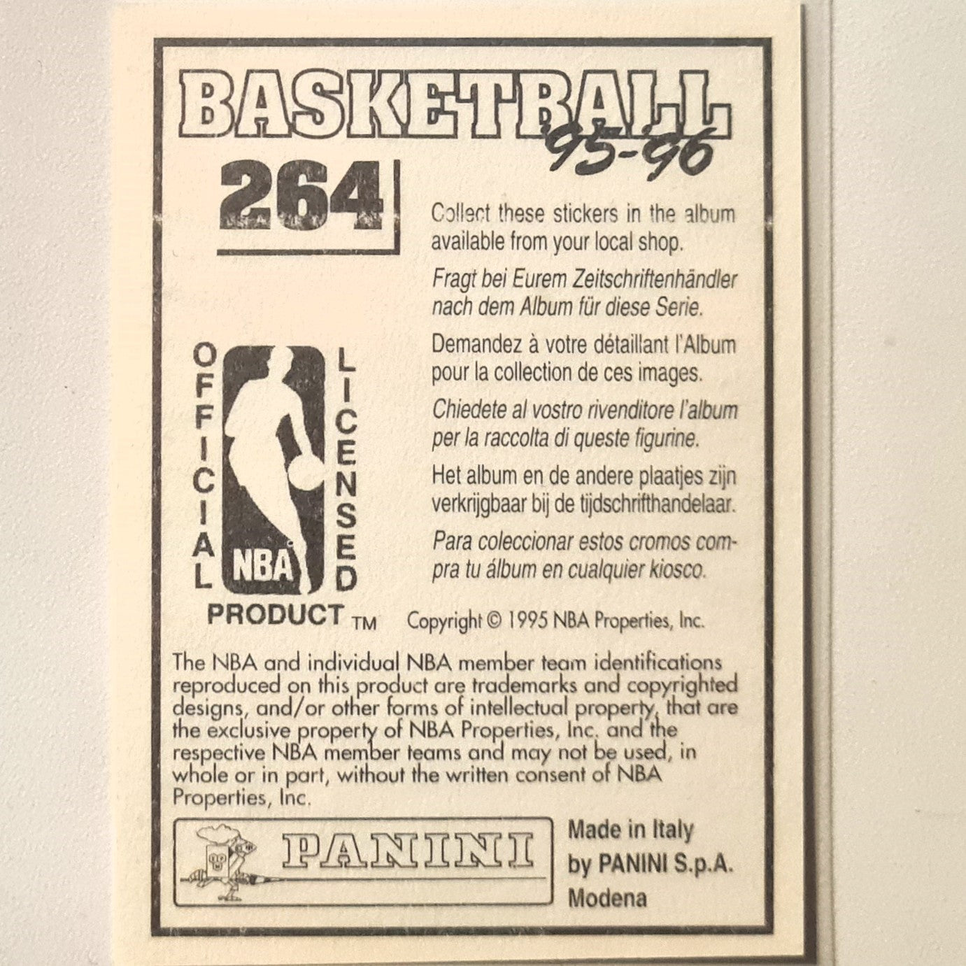 Shawn Kemp 1995 Panini 95-96 Sticker #264 NBA Basketball Seattle Super Sonics excellent Sleeved