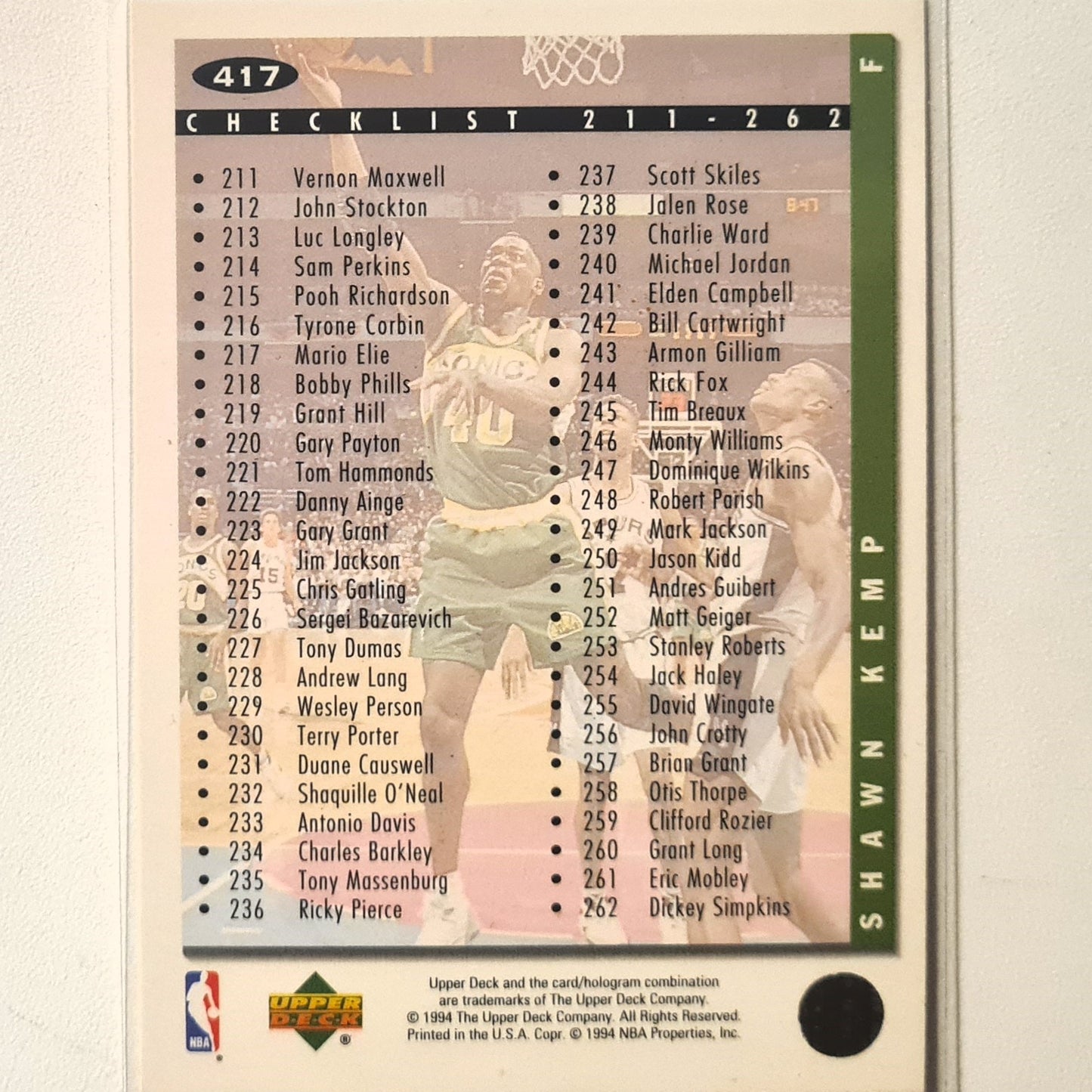 Shawn Kemp 1994 Upper-Deck Checklist #417 NBA Basketball Seattle Super Sonics Excellent Sleeved