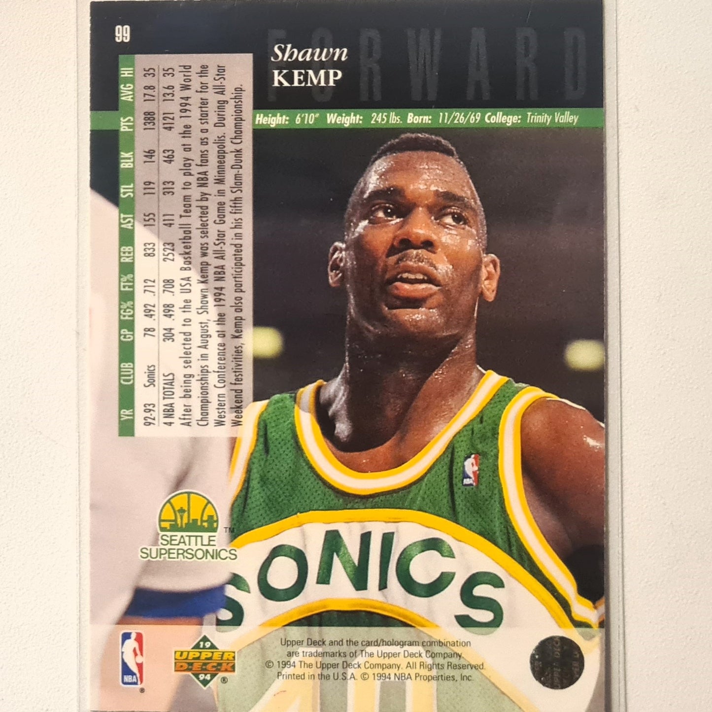 Shawn Kemp 1994 Upper-Deck #99 NBA Basketball Seattle Super Sonics Excellent Sleeved